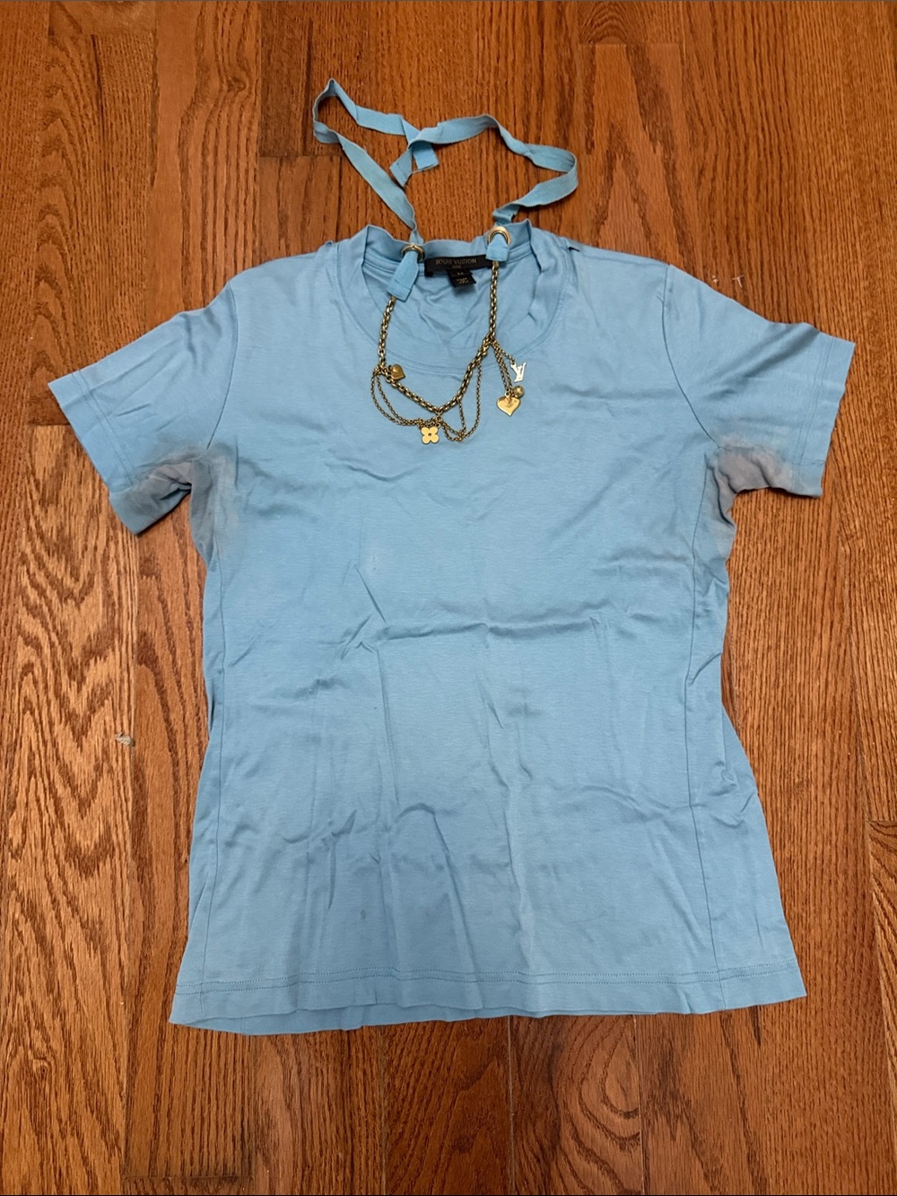 Authentic Louis Vuitton Sky Blue Short Sleeve Tee with Charm Detail Size M